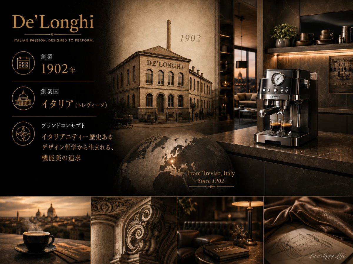 De'Longhiのコーヒーマシンとオイルヒーターが並ぶブランド概要イメージ