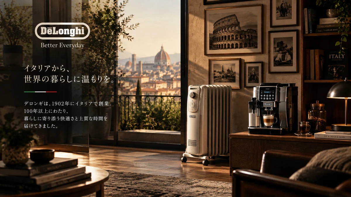 デロンギの歴史を象徴する、イタリア製オイルヒーターとコーヒーマシンが並ぶ落ち着いた空間
