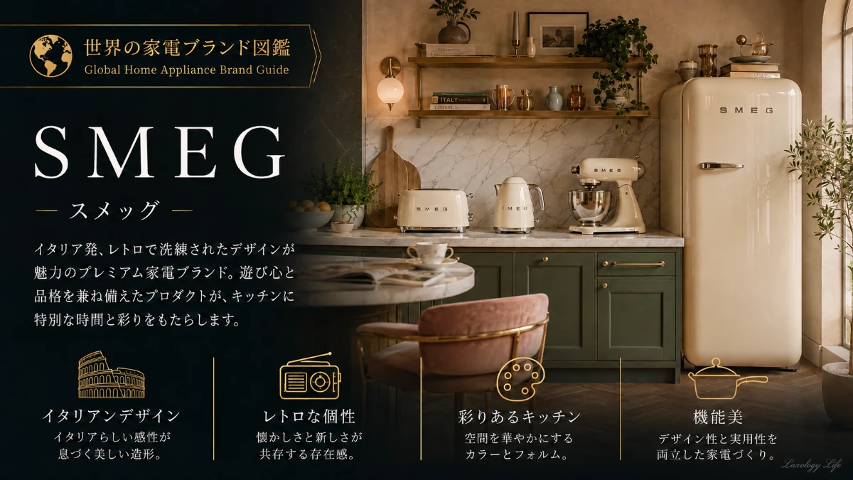 SMEGのパステルカラー冷蔵庫とキッチン家電が並ぶ、イタリア発デザイン家電のアイキャッチイメージ