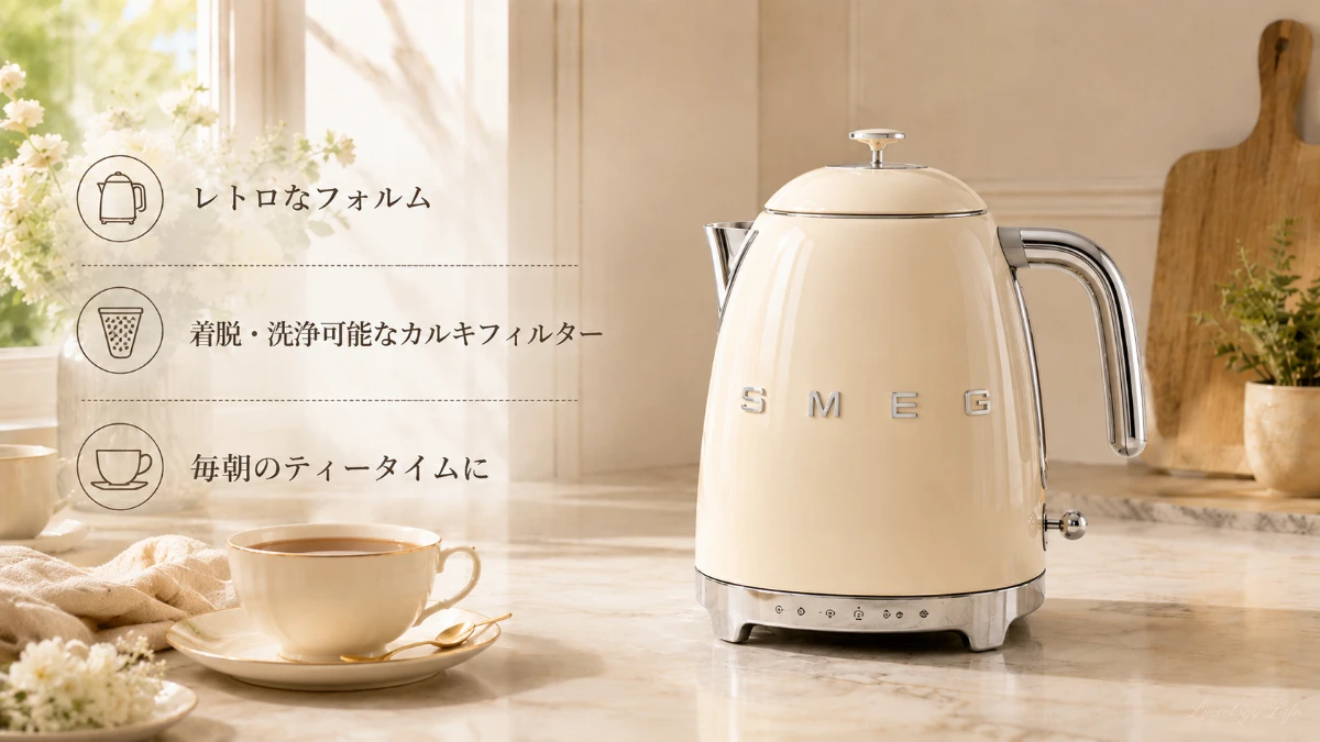 SMEGの50'sスタイル電気ケトルKLF03、パステルカラーのボディでキッチンを彩る
