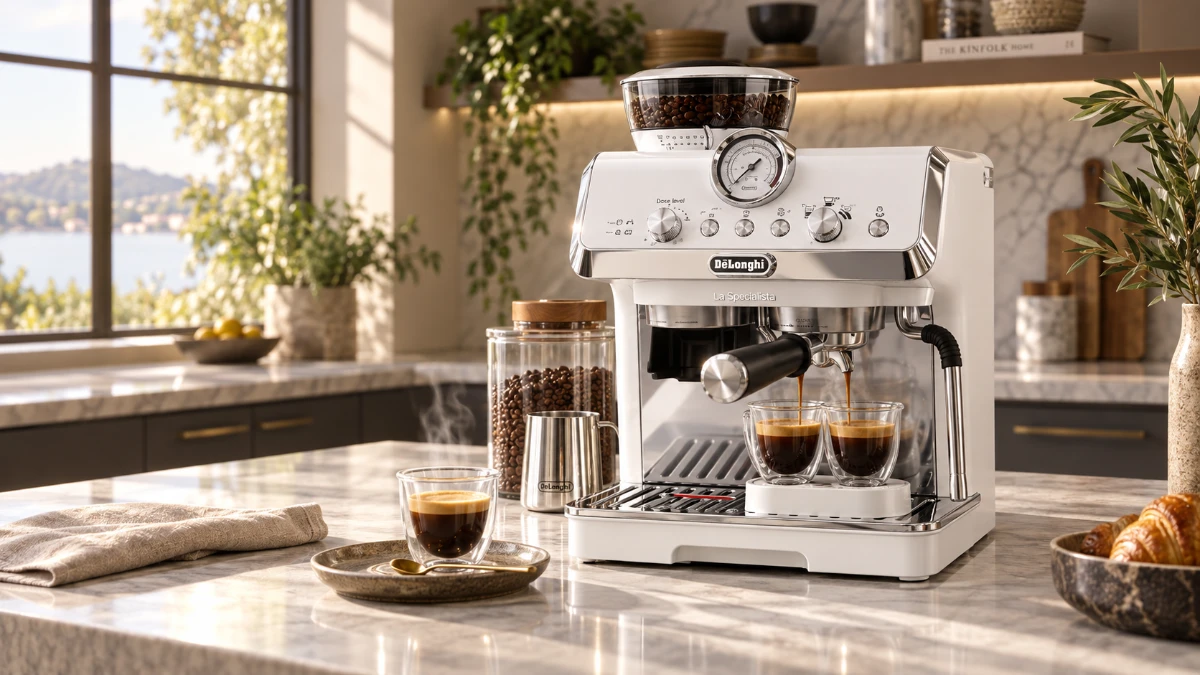 De’Longhi (デロンギ) エスプレッソメーカー ラ・スペシャリスタ・アルテ EC9155J-Wが朝の光が差し込む、高級感があるキッチンに置かれて、今コーヒー淹れ終わった様子
