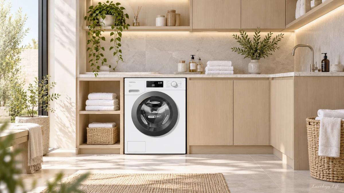 Miele ミーレ 洗濯乾燥機【 WTD160 WCS 】が明るい高級感があるランドリールームに設置された様子