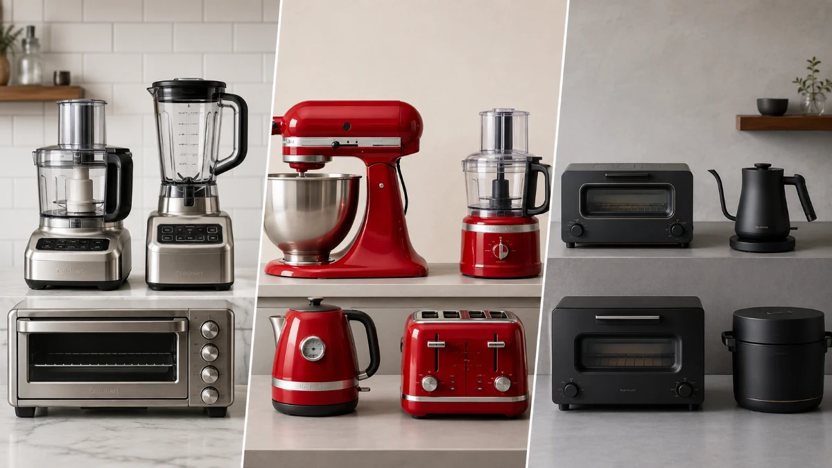 クイジナートとKitchenAidやBALMUDAのキッチン家電を比較するイメージ