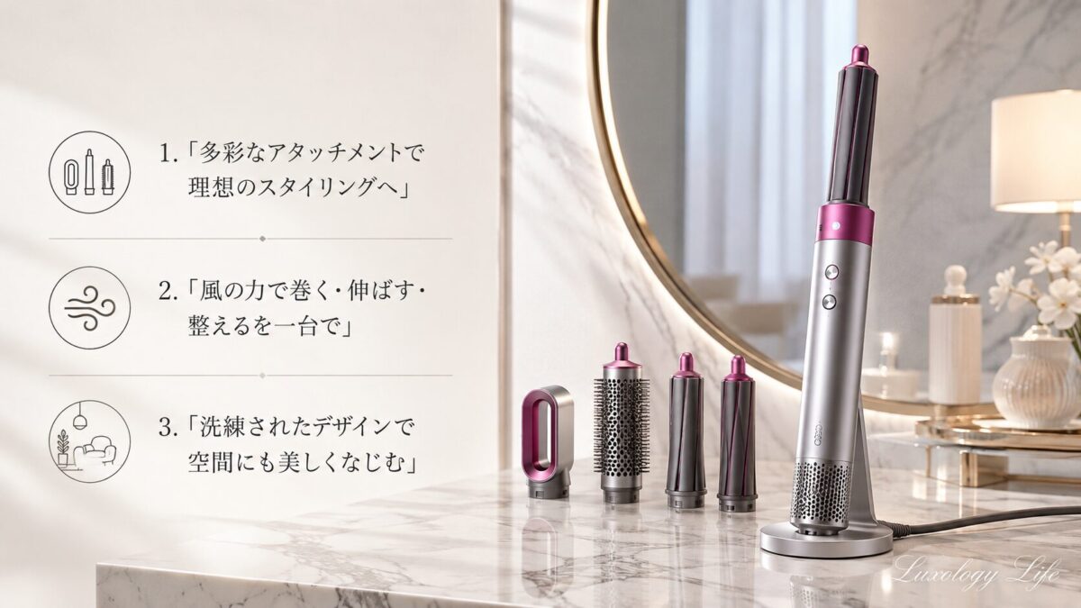 洗面台に置かれたDyson Airwrapマルチスタイラーとアタッチメント一式