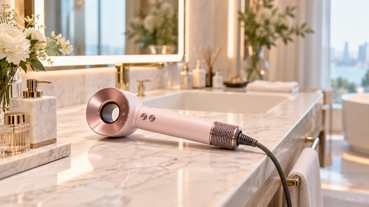 洗面台に置かれたDyson Supersonic Nural Shine ヘアドライヤー ドライヤー