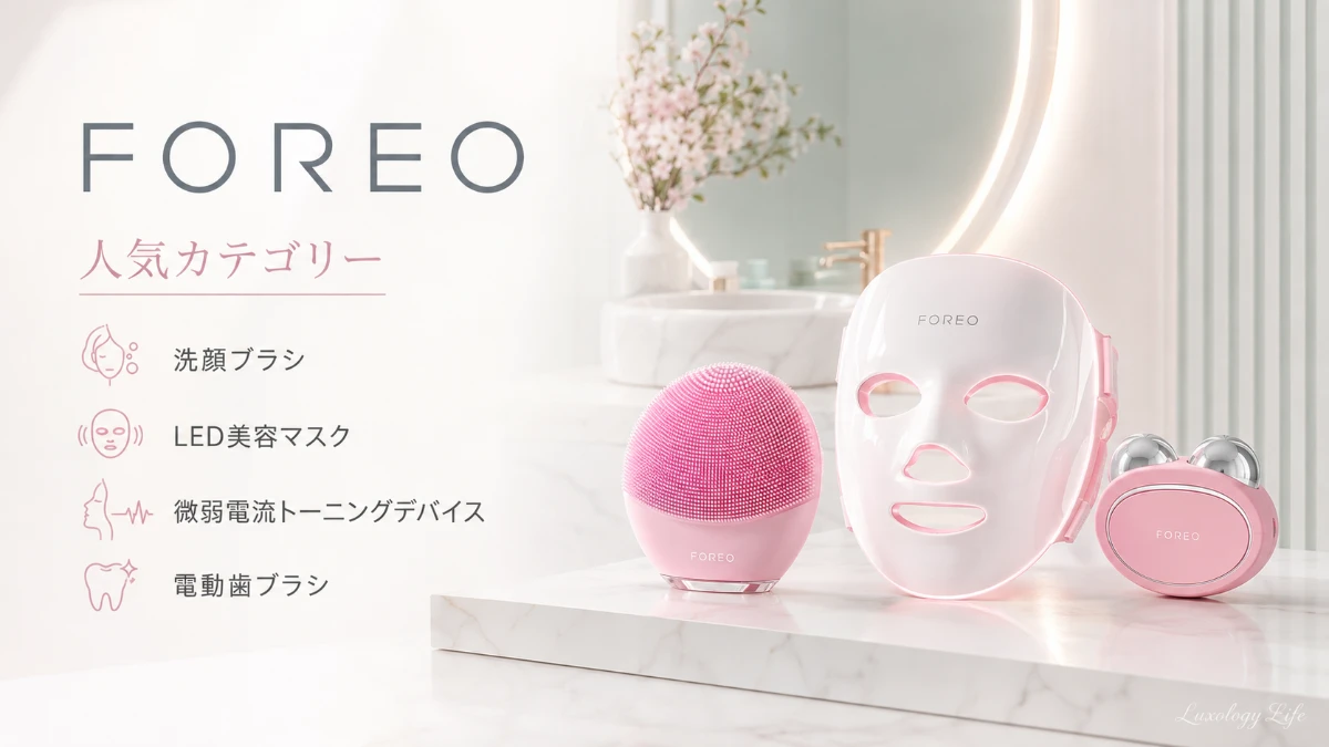 洗顔ブラシ・LED美容マスク・トーニングデバイスが並ぶFOREO製品ラインナップ