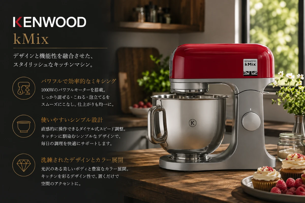 Kenwood kMixのスタイリッシュなキッチンマシンが置かれた様子