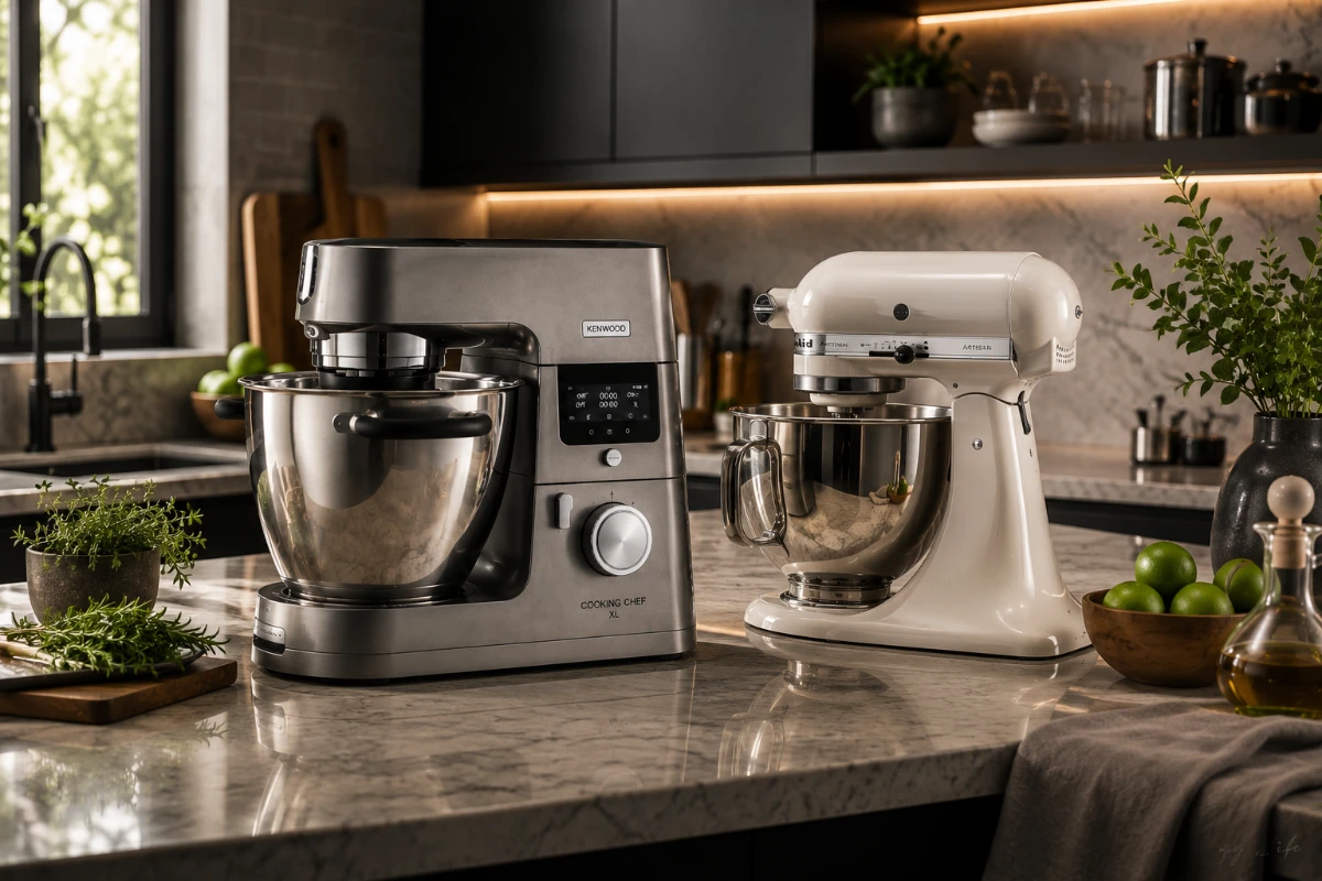Kenwood Cooking ChefとKitchenAidのスタンドミキサーが並ぶキッチン