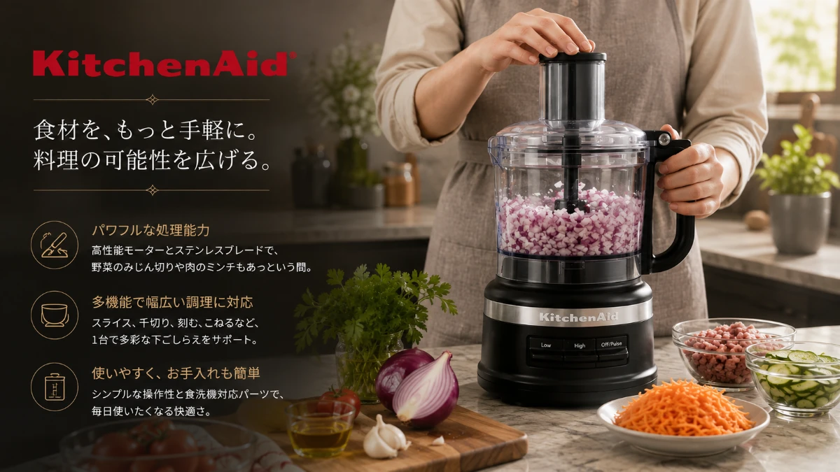 KitchenAid KFP1318フードプロセッサーで食材を刻む様子