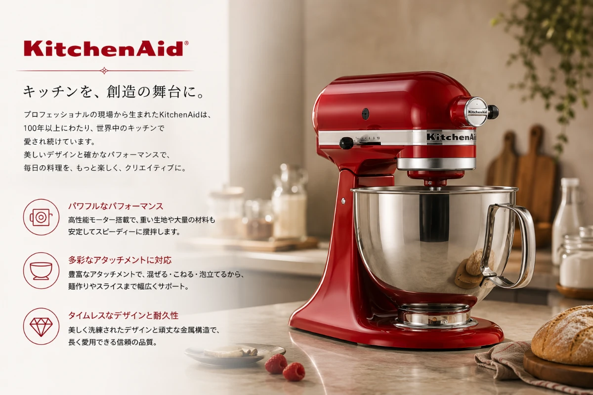KitchenAid 4.8Lスタンドミキサーがキッチンカウンターに置かれた様子