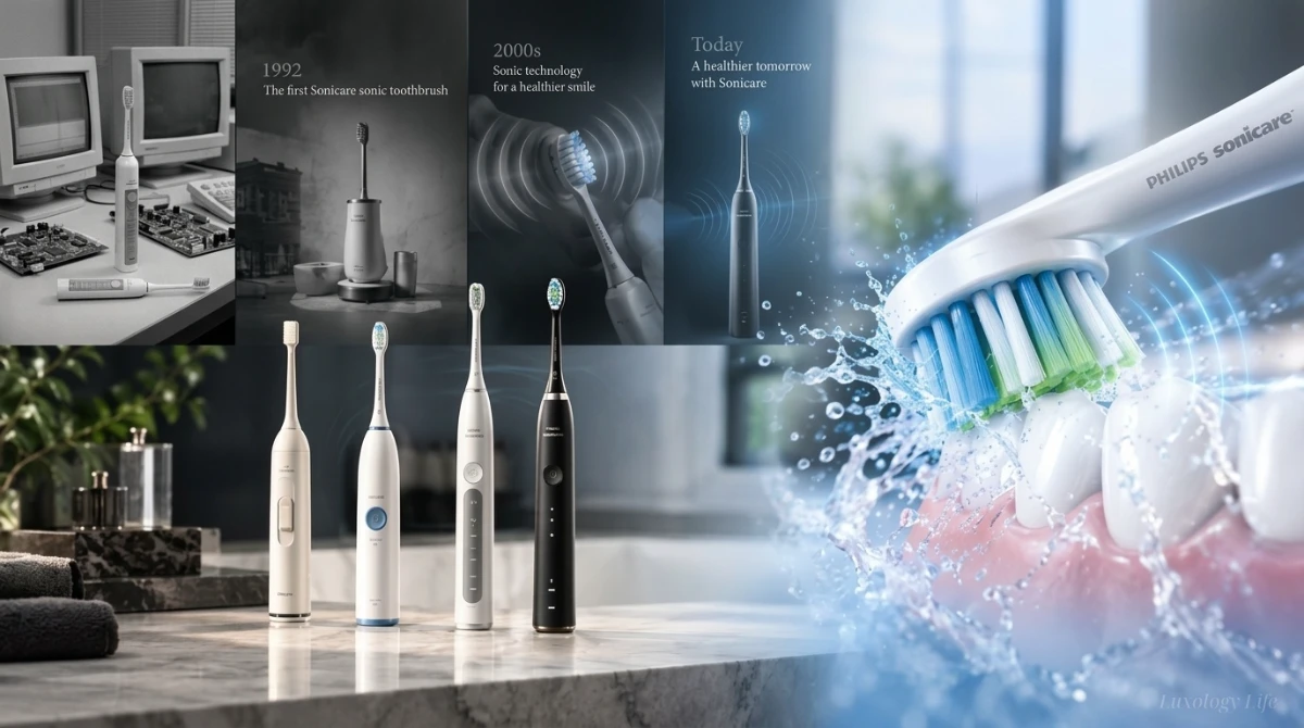 Philips Sonicareの歴史を象徴する電動歯ブラシのデザインと、音波水流テクノロジーによるブラッシングの様子