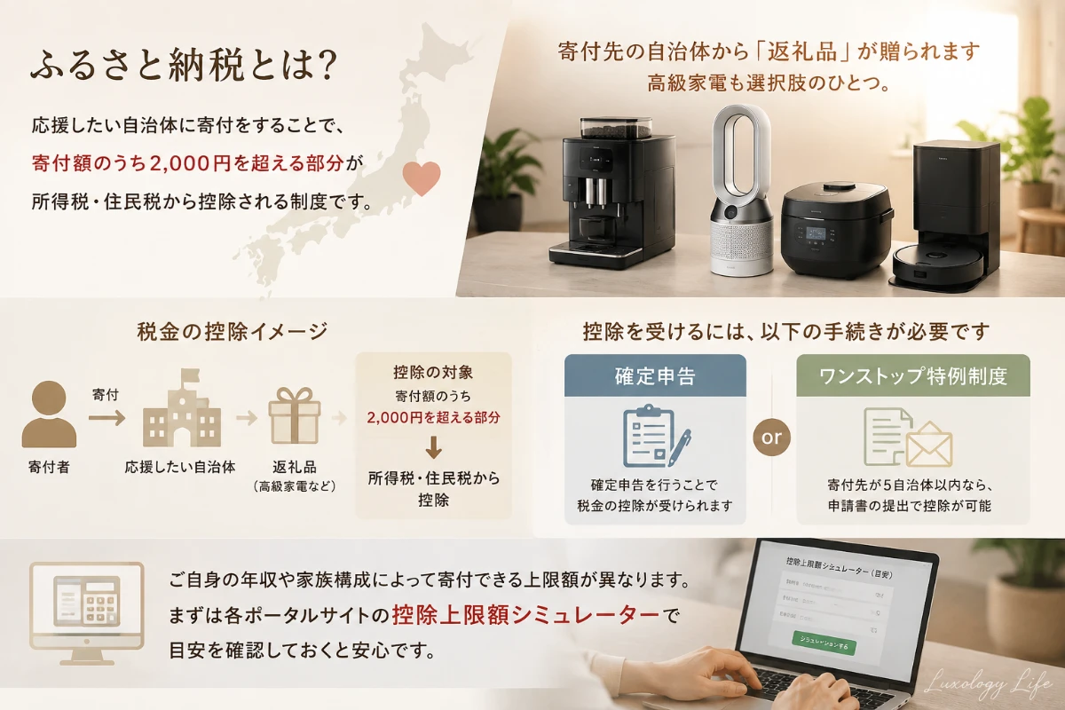 ふるさと納税の申し込み画面と返礼品の家電が並び、寄付から返礼品受け取りまでの流れを表す様子