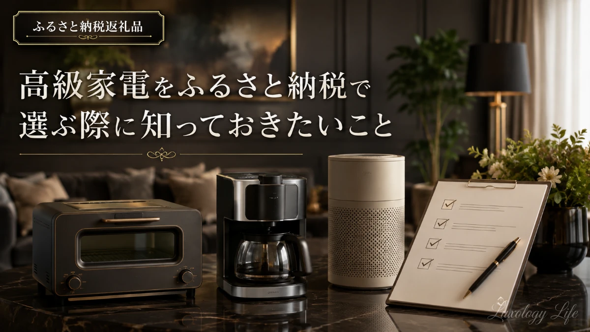 返礼品の家電とチェックリストが並び、選ぶ際の注意点を確認している様子