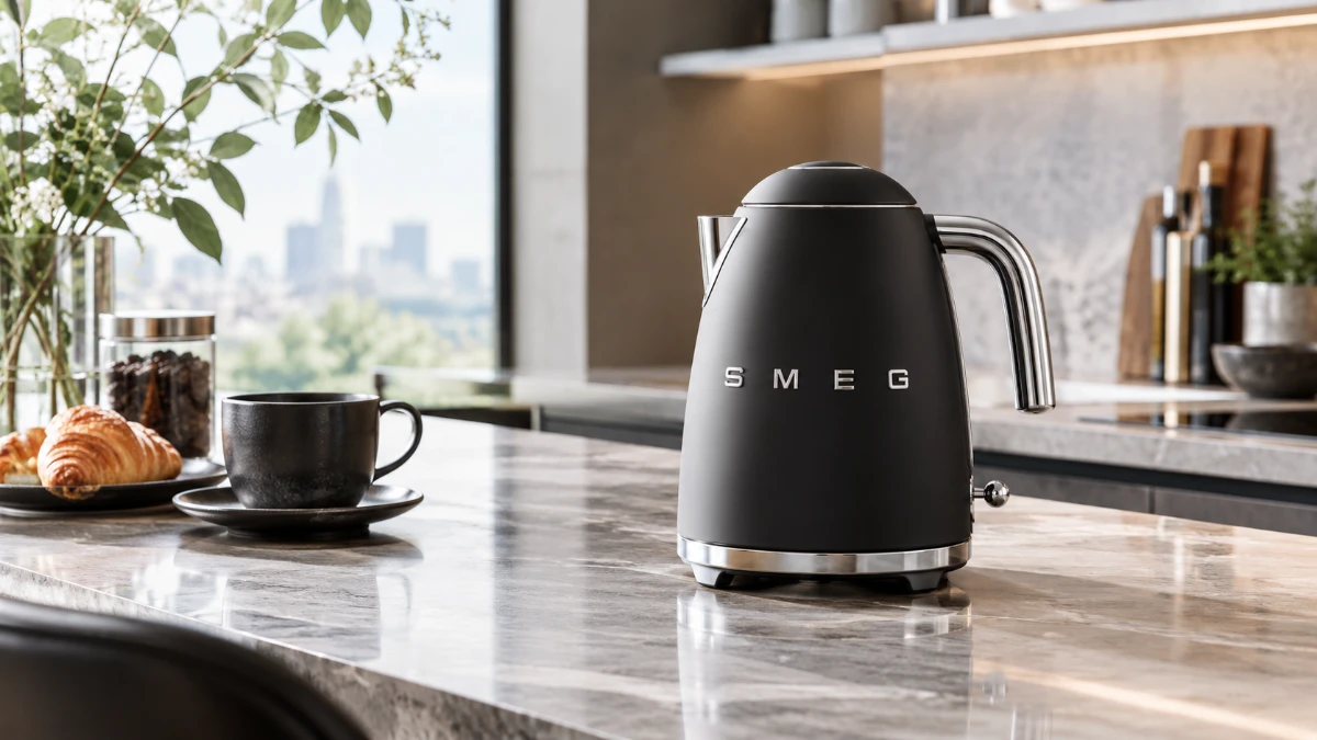 SMEGのマットブラック電気ケトルがキッチンカウンターに置かれている様子