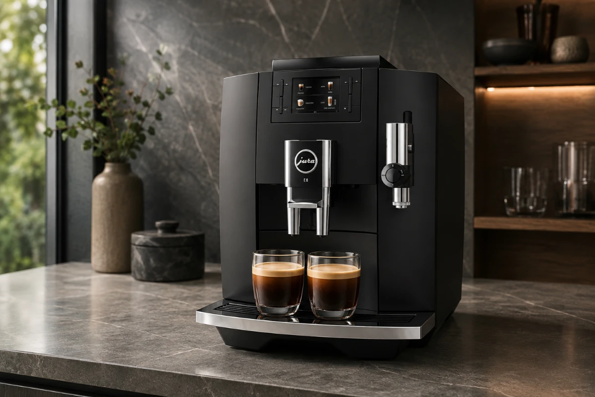 JURA E8でコーヒーを抽出しているキッチンカウンター