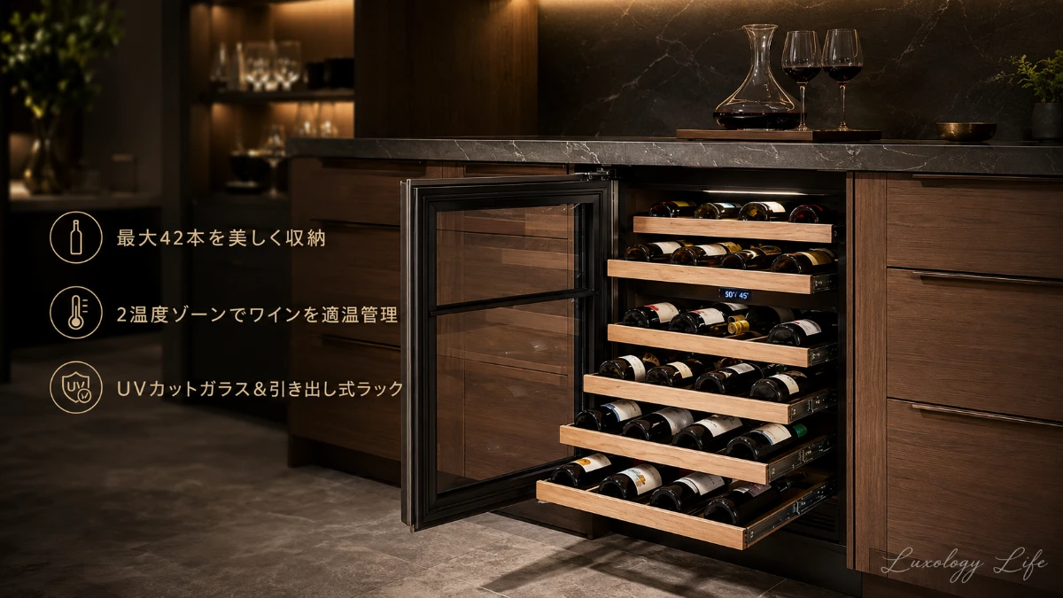Sub-Zero DEU2450Wのワインセラーにワインボトルが美しく並んでいる様子
