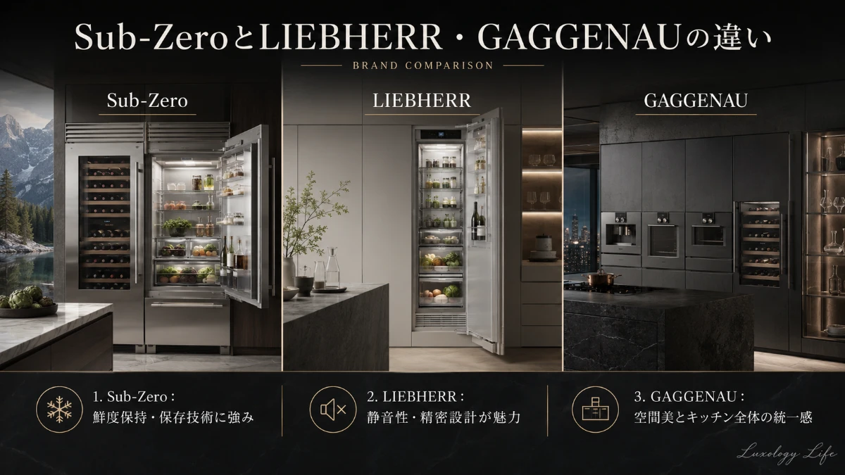 Sub-Zero・LIEBHERR・GAGGENAUの高級ビルトイン家電を比較している様子
