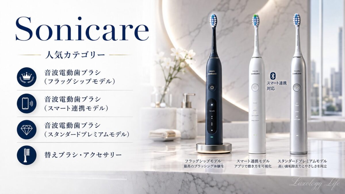 ソニッケアーの音波電動歯ブラシシリーズが並び、フラッグシップからスタンダードモデルまでの幅広さを表す様子