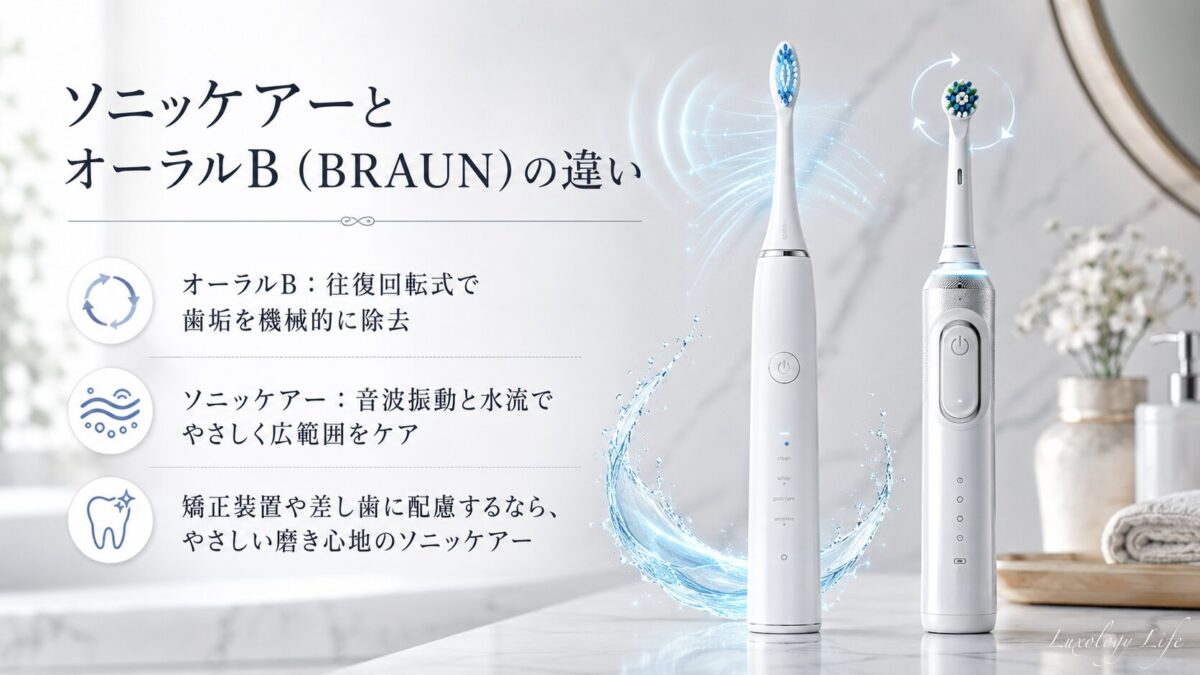 ソニッケアーとオーラルB(BRAUN)の電動歯ブラシを並べて比較している様子