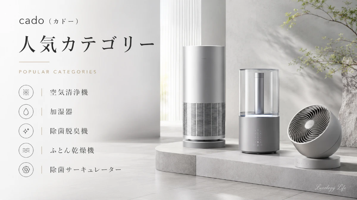cadoの加湿器・空気清浄機・サーキュレーターが並び、幅広いラインナップを表す様子