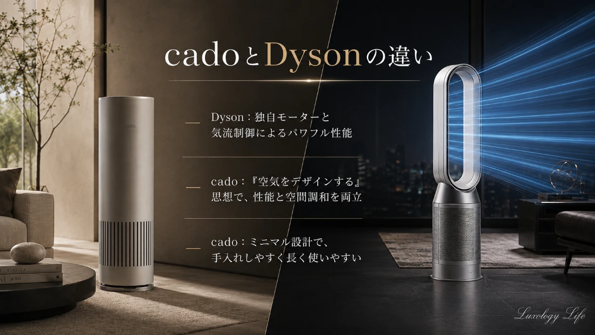cadoとDysonの空気清浄機・ファンを並べて比較している様子
