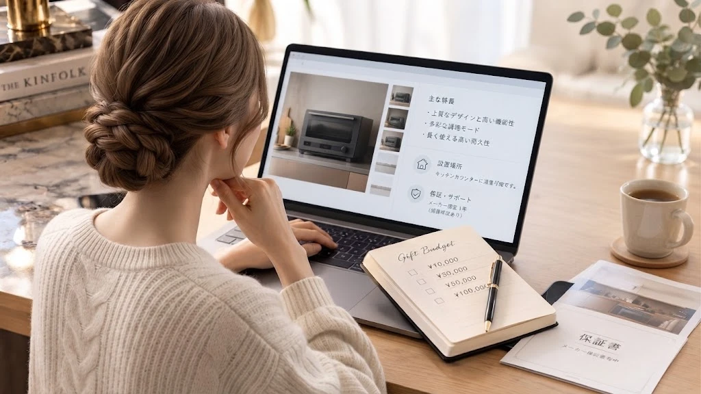 設置場所や保証書を事前に確認しながら、ギフト用の家電を選ぶ様子