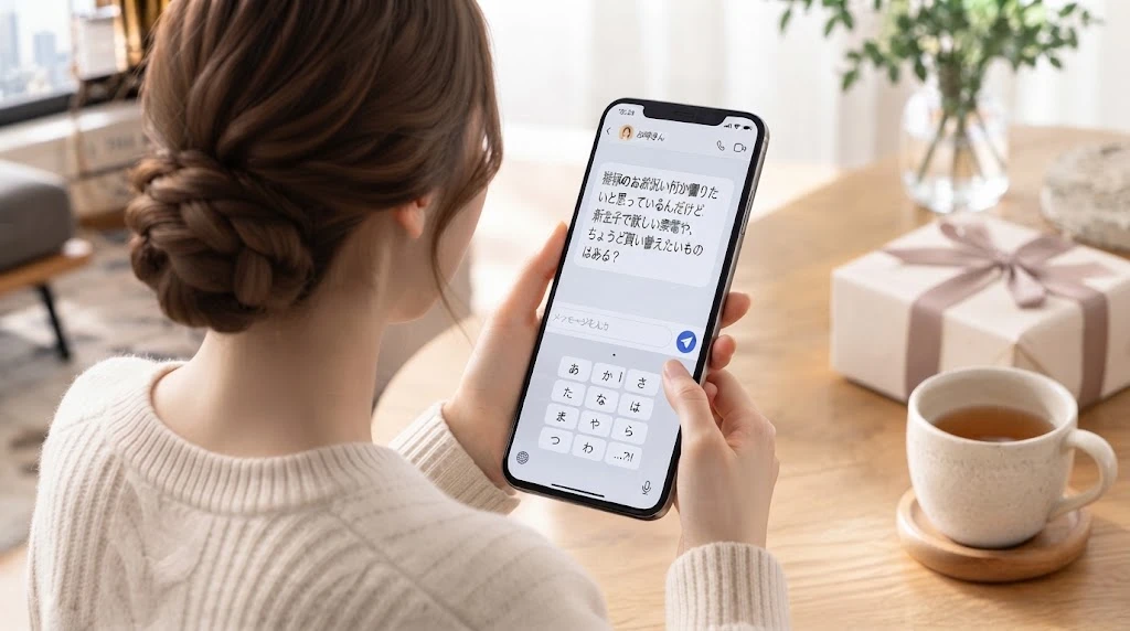 スマートフォンで贈り物の希望をやさしく相手に尋ねる場面