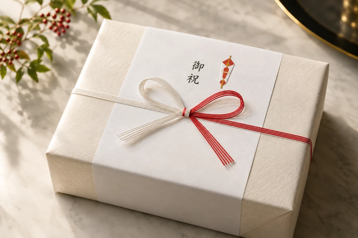紅白の水引をあしらった、品のあるのし付きの贈答用ラッピング