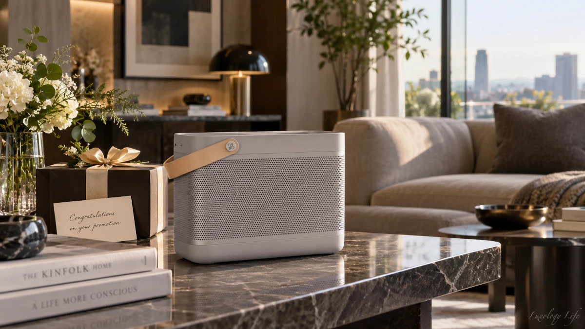 昇進祝いに選ばれた バング・アンド・オルフセン (Bang & Olufsen) ポータブルスピーカー Beolit 20とリビングの様子