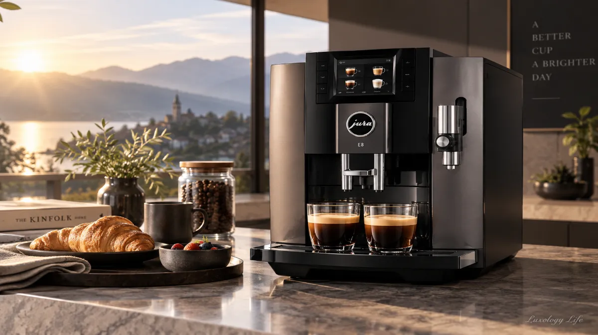 JURA JURA E8 Dark Inox 全自動コーヒーマシンで朝のコーヒーを楽しむ様子