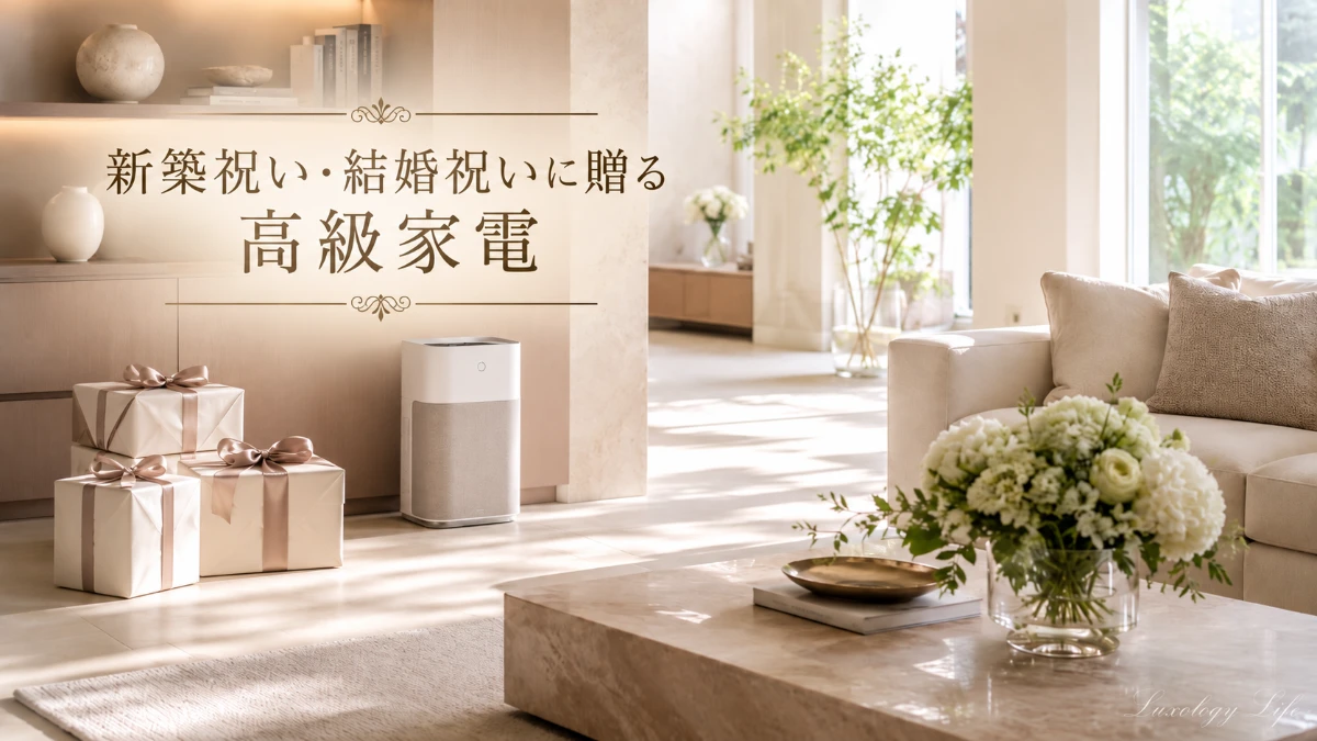 新居のリビングに置かれた上質な家電と祝福のギフトボックス