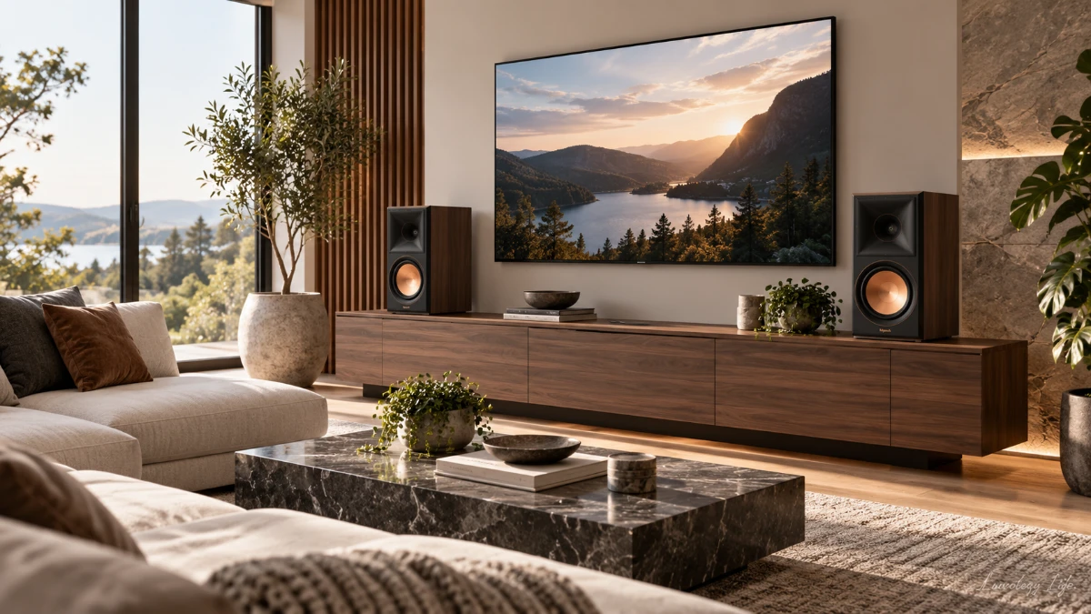 新築のリビングに置かれたKlipsch RP-600M IIの様子